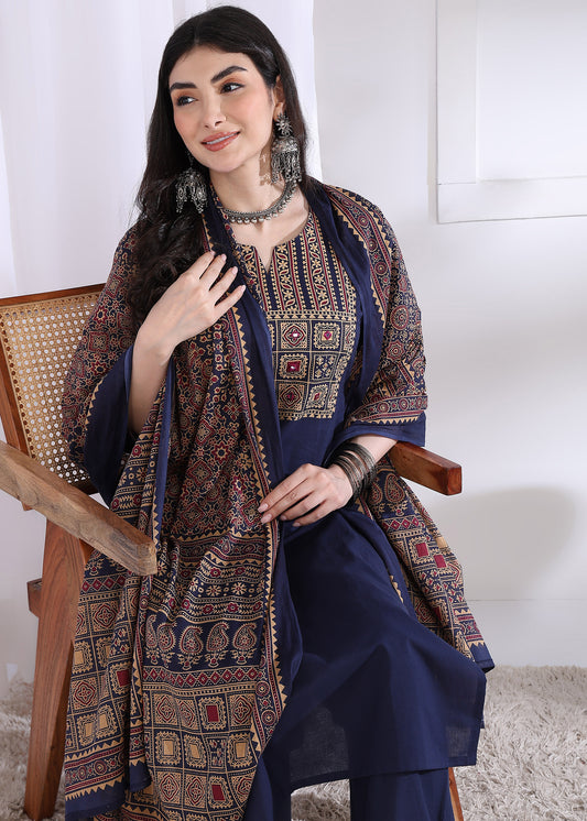 Navy Blue Solid (Printed Dupatta) Straight Cotton Stitched Kurta Set