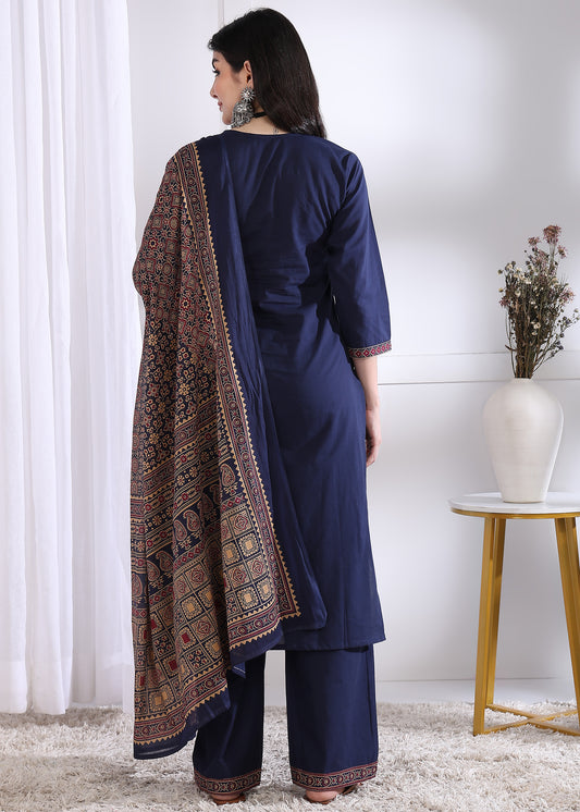 Navy Blue Solid (Printed Dupatta) Straight Cotton Stitched Kurta Set