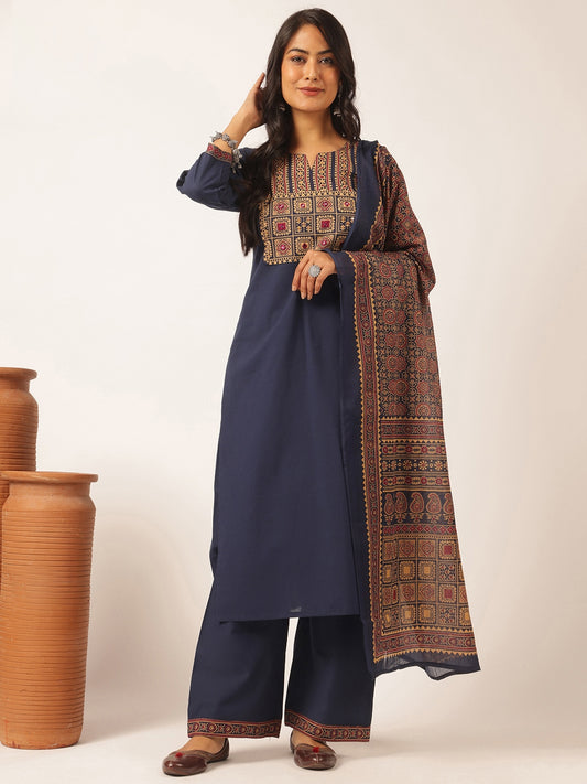 Navy Blue Cotton Solid Straight Kurta Set