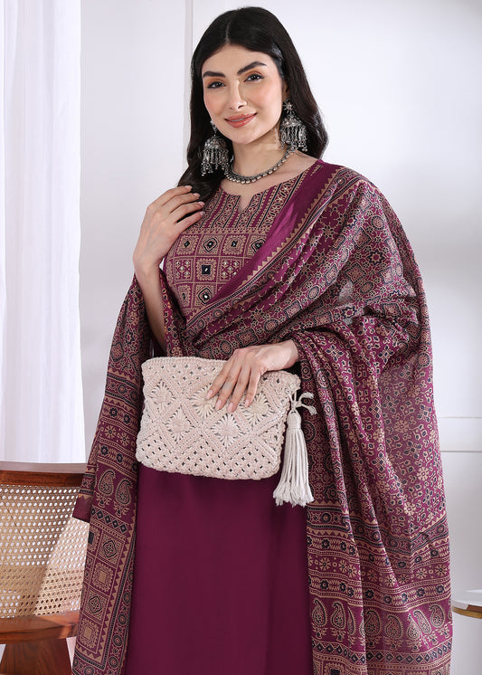 Magenta Solid (Printed Dupatta) Straight Cotton Stitched Kurta Set