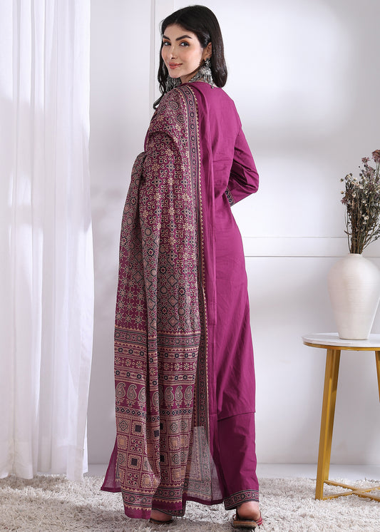 Magenta Solid (Printed Dupatta) Straight Cotton Stitched Kurta Set