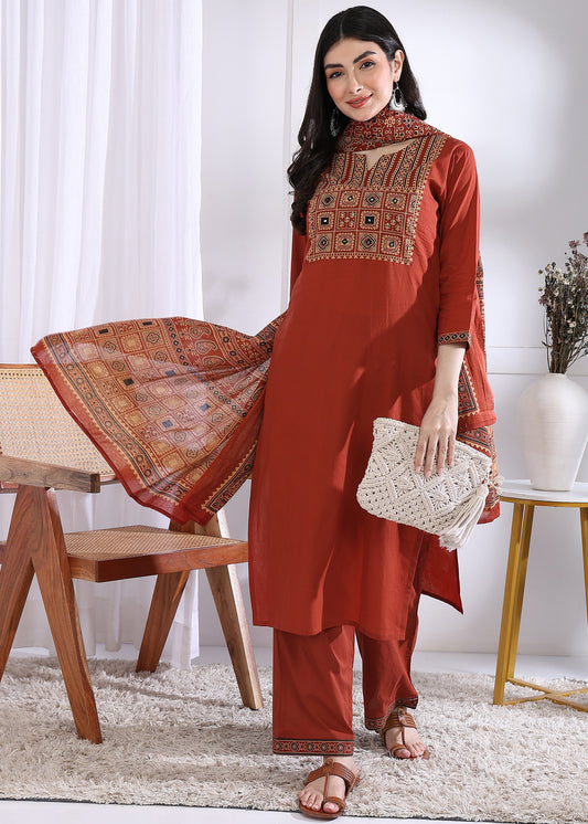 Maroon Solid (Printed Dupatta) Straight Cotton Stitched Kurta Set