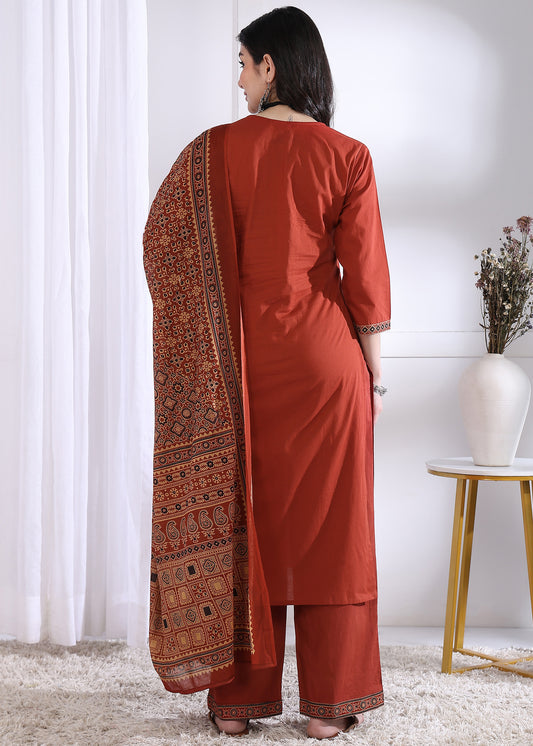 Maroon Solid (Printed Dupatta) Straight Cotton Stitched Kurta Set