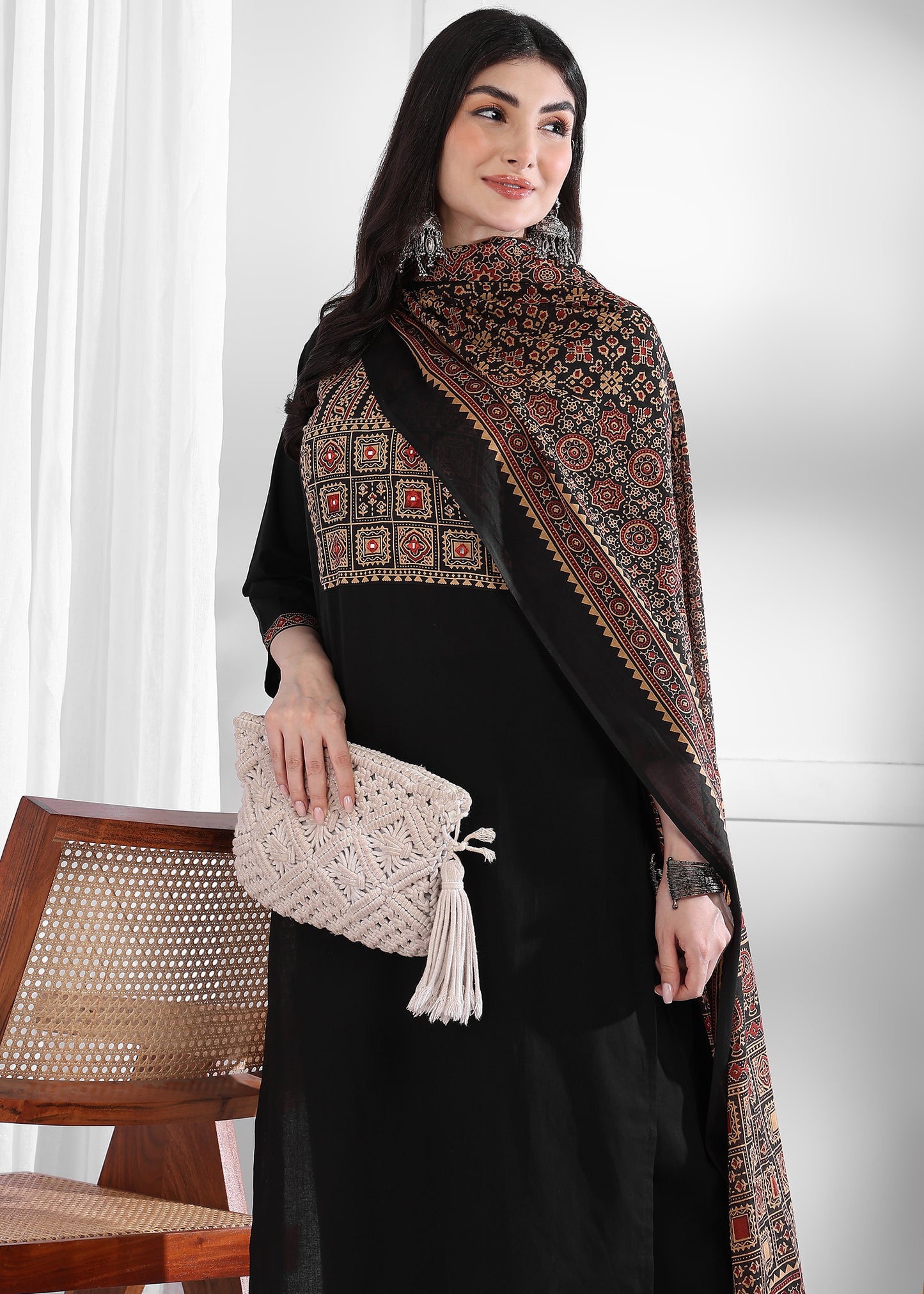 Black Solid (Printed Dupatta) Straight Cotton Stitched Kurta Set