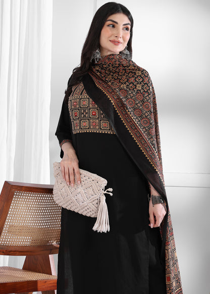 Black Solid (Printed Dupatta) Straight Cotton Stitched Kurta Set