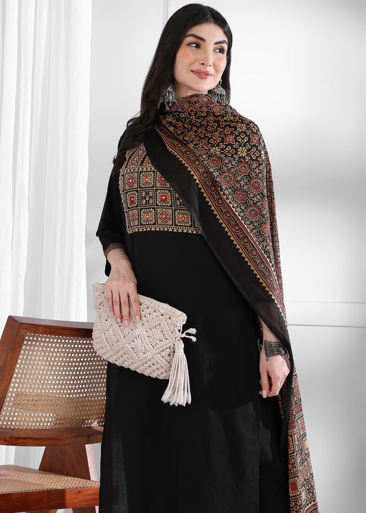 Black Solid (Printed Dupatta) Straight Cotton Stitched Kurta Set