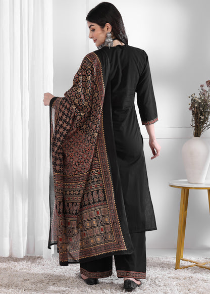 Black Solid (Printed Dupatta) Straight Cotton Stitched Kurta Set