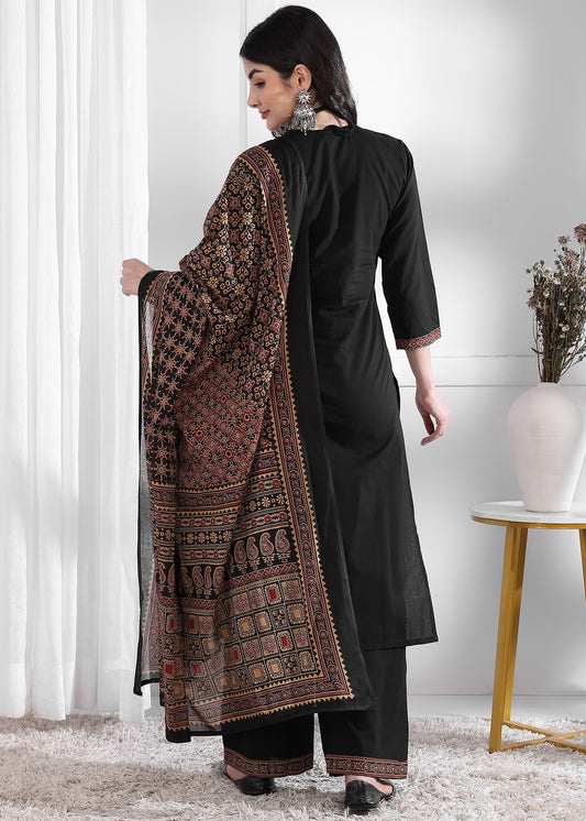 Black Solid (Printed Dupatta) Straight Cotton Stitched Kurta Set