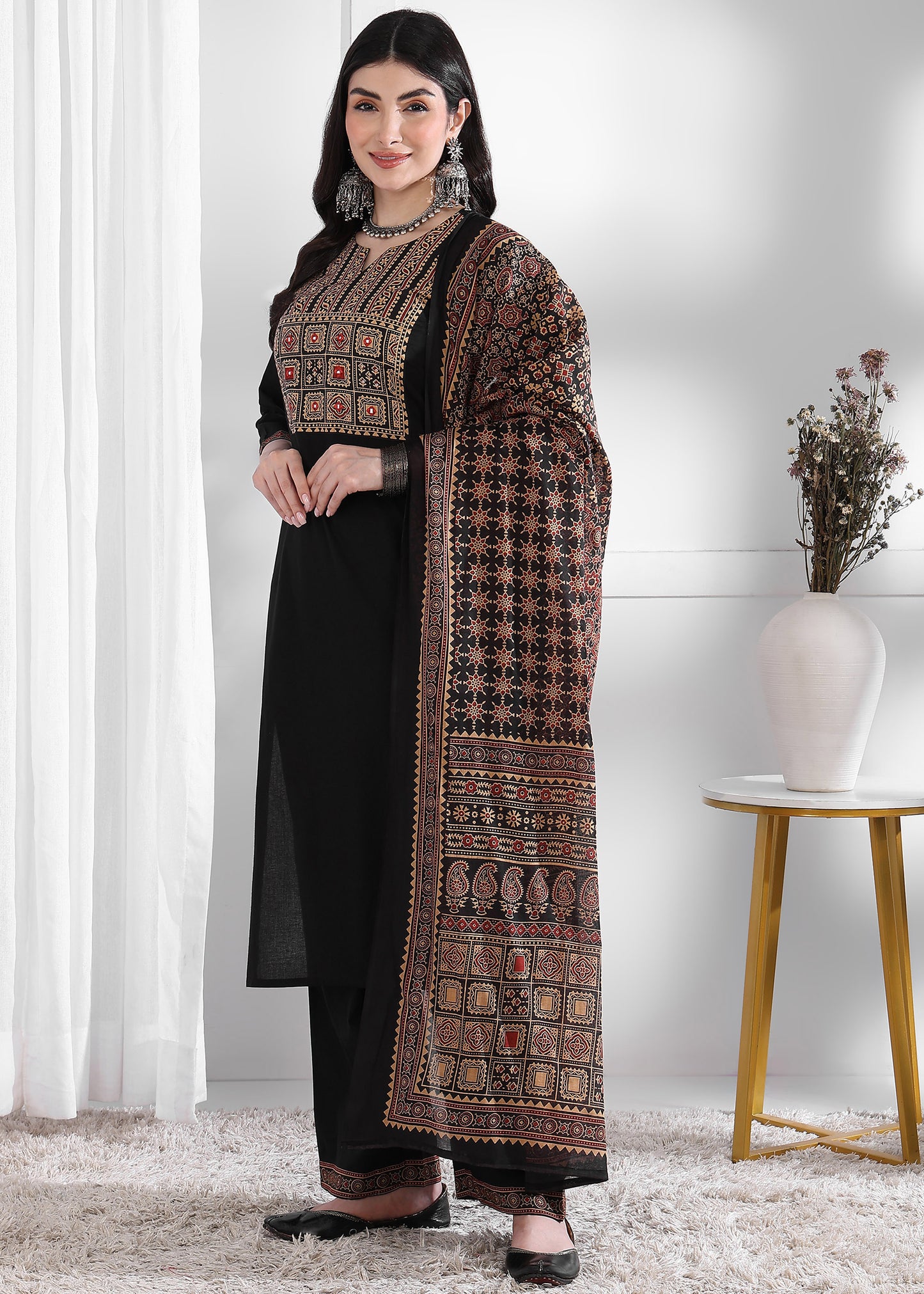 Black Solid (Printed Dupatta) Straight Cotton Stitched Kurta Set