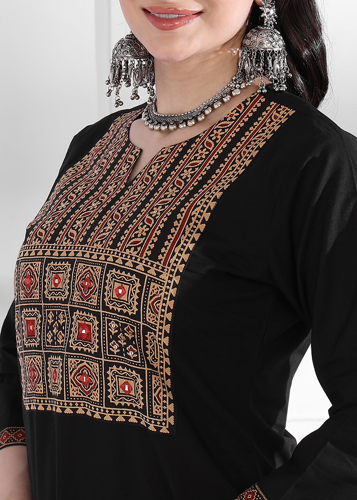 Black Solid (Printed Dupatta) Straight Cotton Stitched Kurta Set