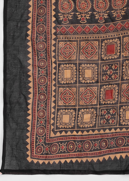 Black Solid (Printed Dupatta) Straight Cotton Stitched Kurta Set