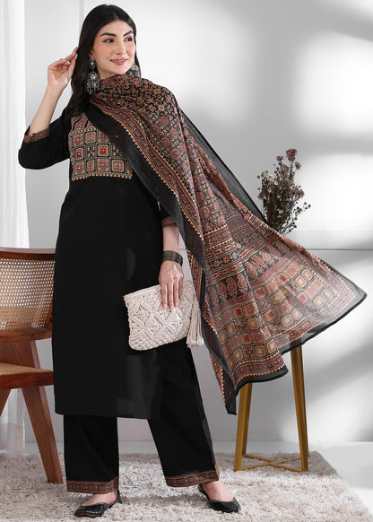 Black Solid (Printed Dupatta) Straight Cotton Stitched Kurta Set