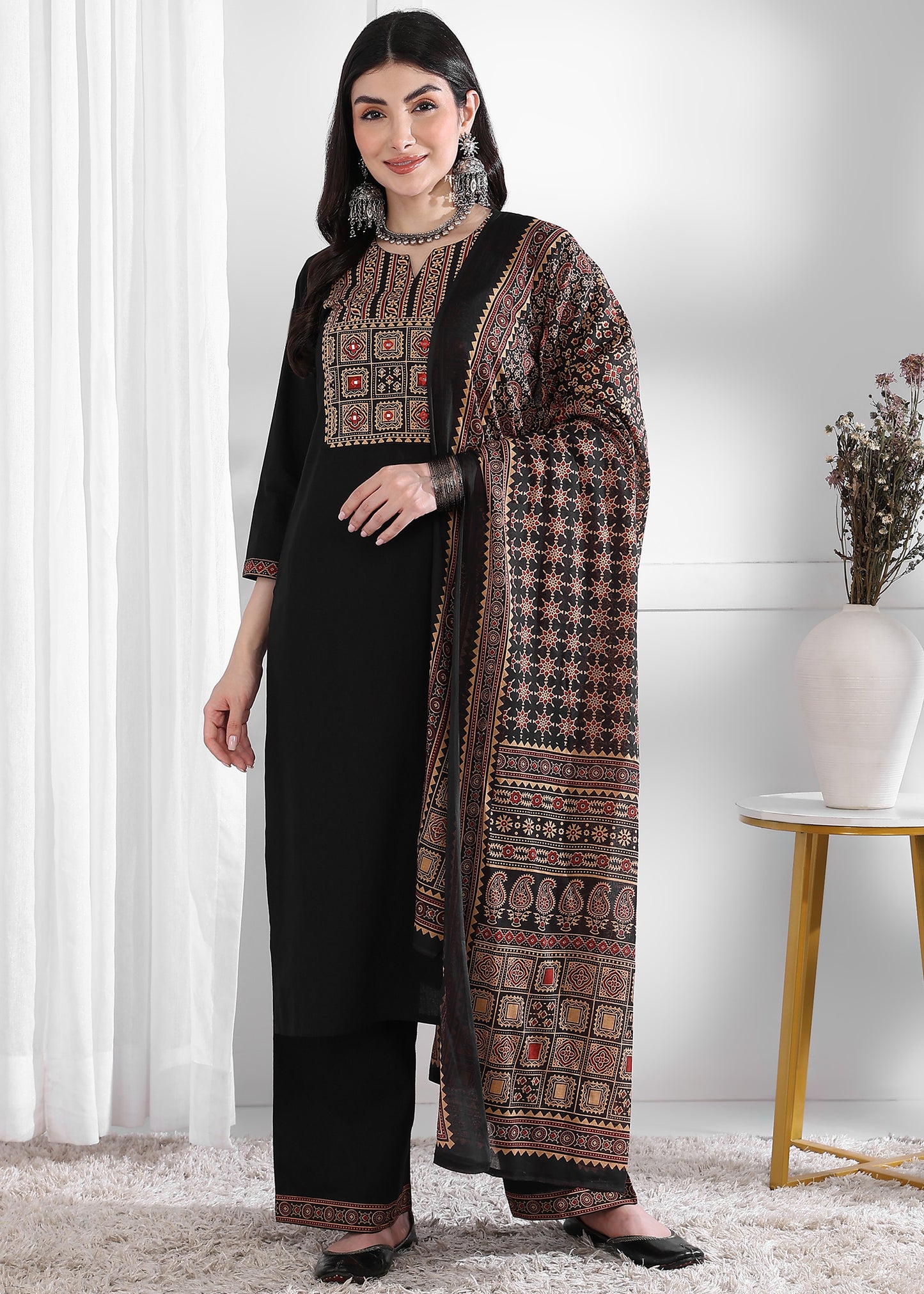 Black Solid (Printed Dupatta) Straight Cotton Stitched Kurta Set