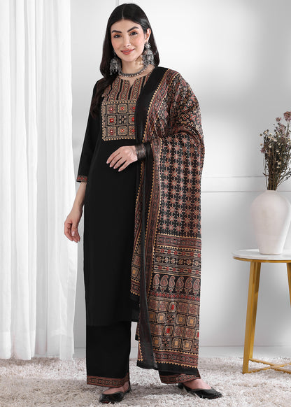 Black Solid (Printed Dupatta) Straight Cotton Stitched Kurta Set