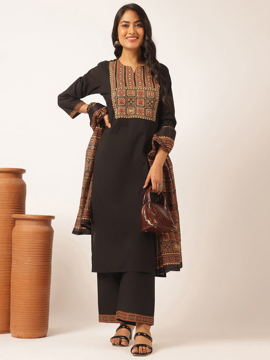 Black Cotton Solid Straight Kurta Set