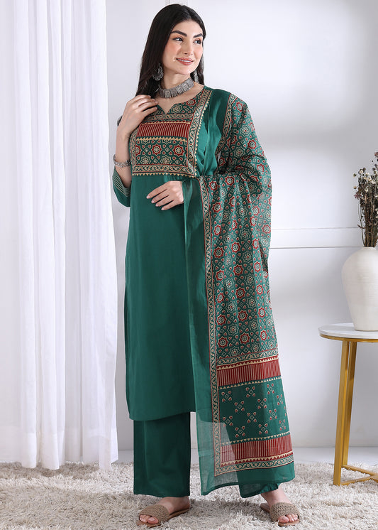 Peacock Solid (Printed Dupatta) Straight Cotton Stitched Kurta Set