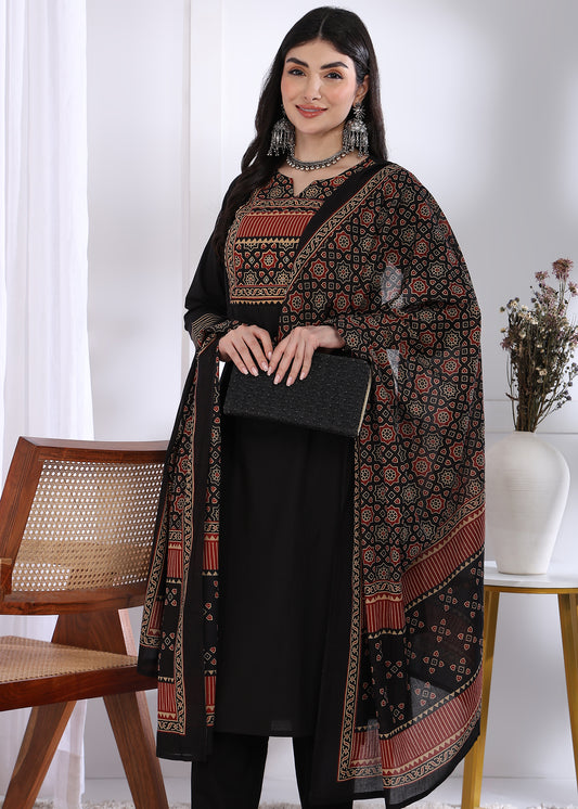 Black Solid (Printed Dupatta) Straight Cotton Stitched Kurta Set
