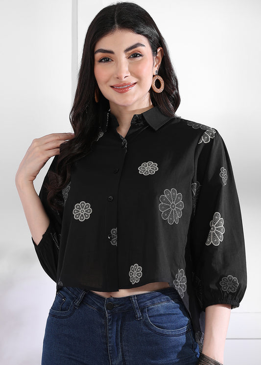 Black Floral Printed Up down Cotton Top