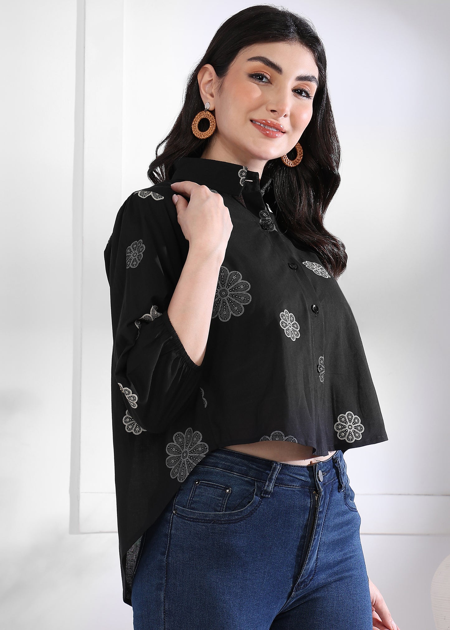 Black Floral Printed Up down Cotton Top
