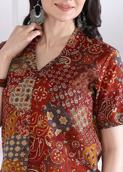 Multicolor Abstract Printed Shirt Style Cotton Top