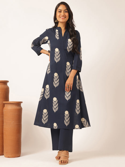 Navy blue Cotton Floral Printed A-Line Kurta Set