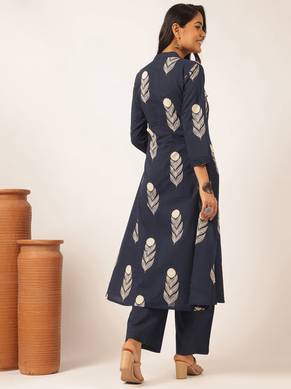 Navy blue Cotton Floral Printed A-Line Kurta Set