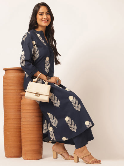 Navy blue Cotton Floral Printed A-Line Kurta Set