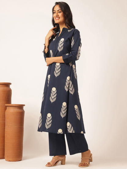 Navy blue Cotton Floral Printed A-Line Kurta Set