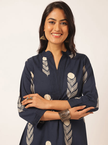 Navy blue Cotton Floral Printed A-Line Kurta Set