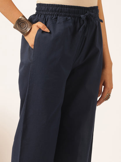 Navy blue Cotton Floral Printed A-Line Kurta Set