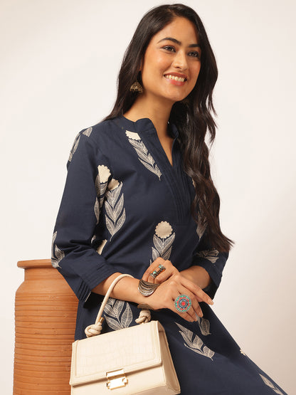 Navy blue Cotton Floral Printed A-Line Kurta Set