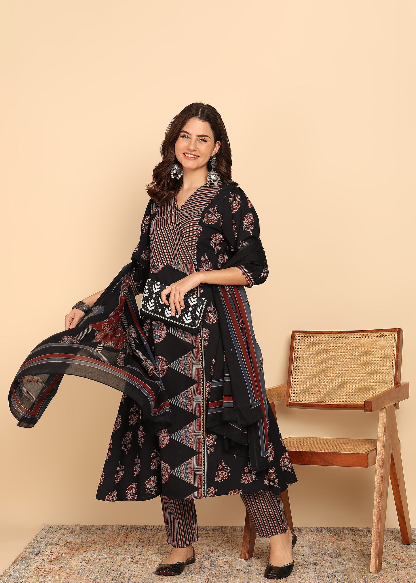 Black Floral Printed A-Line Cotton Stitched Kurta, Pant With Dupatta