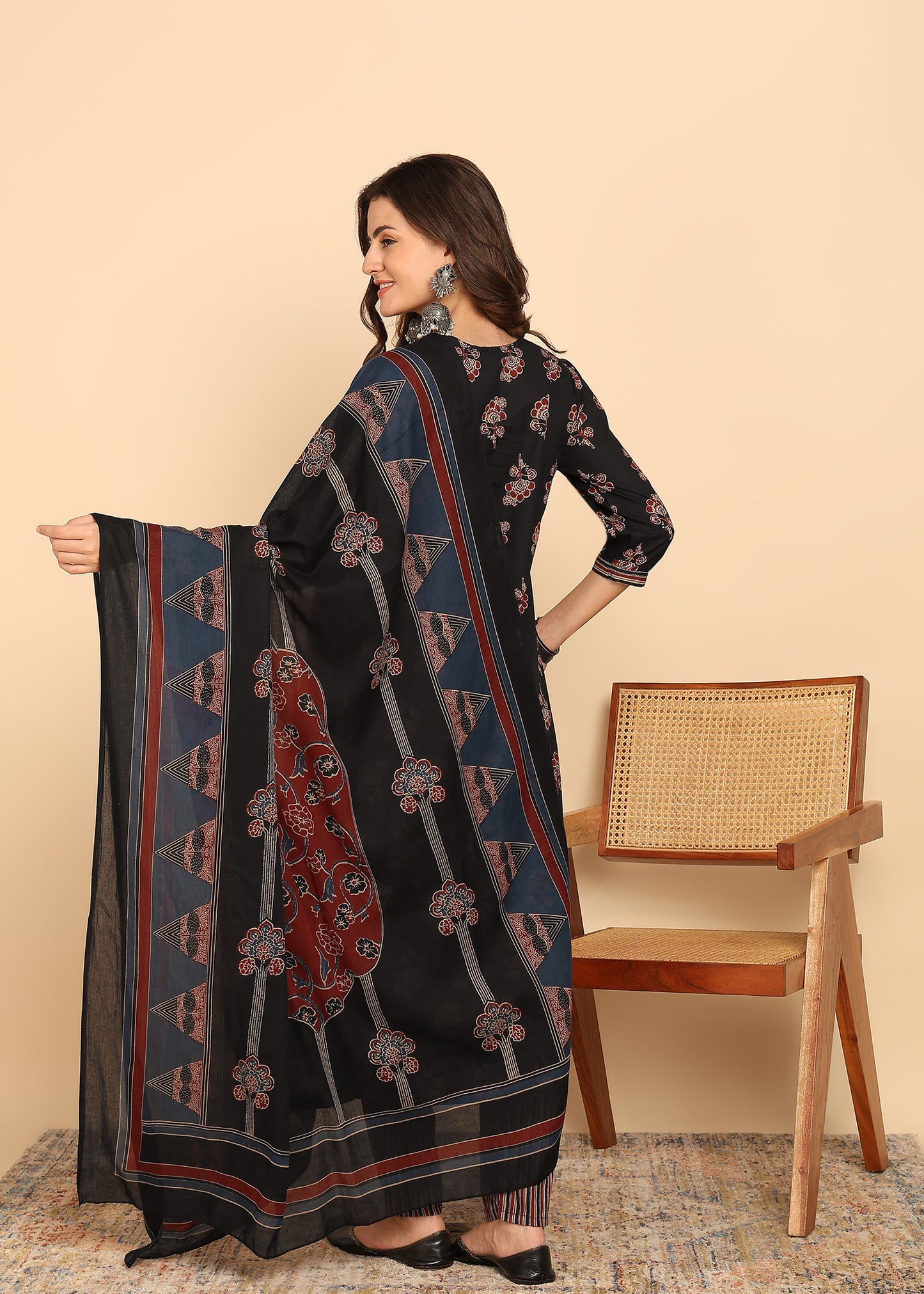 Black Floral Printed A-Line Cotton Stitched Kurta, Pant With Dupatta