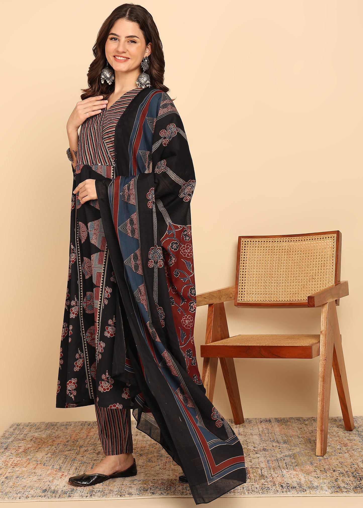 Black Floral Printed A-Line Cotton Stitched Kurta, Pant With Dupatta