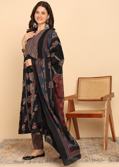 Black Floral Printed A-Line Cotton Stitched Kurta, Pant With Dupatta