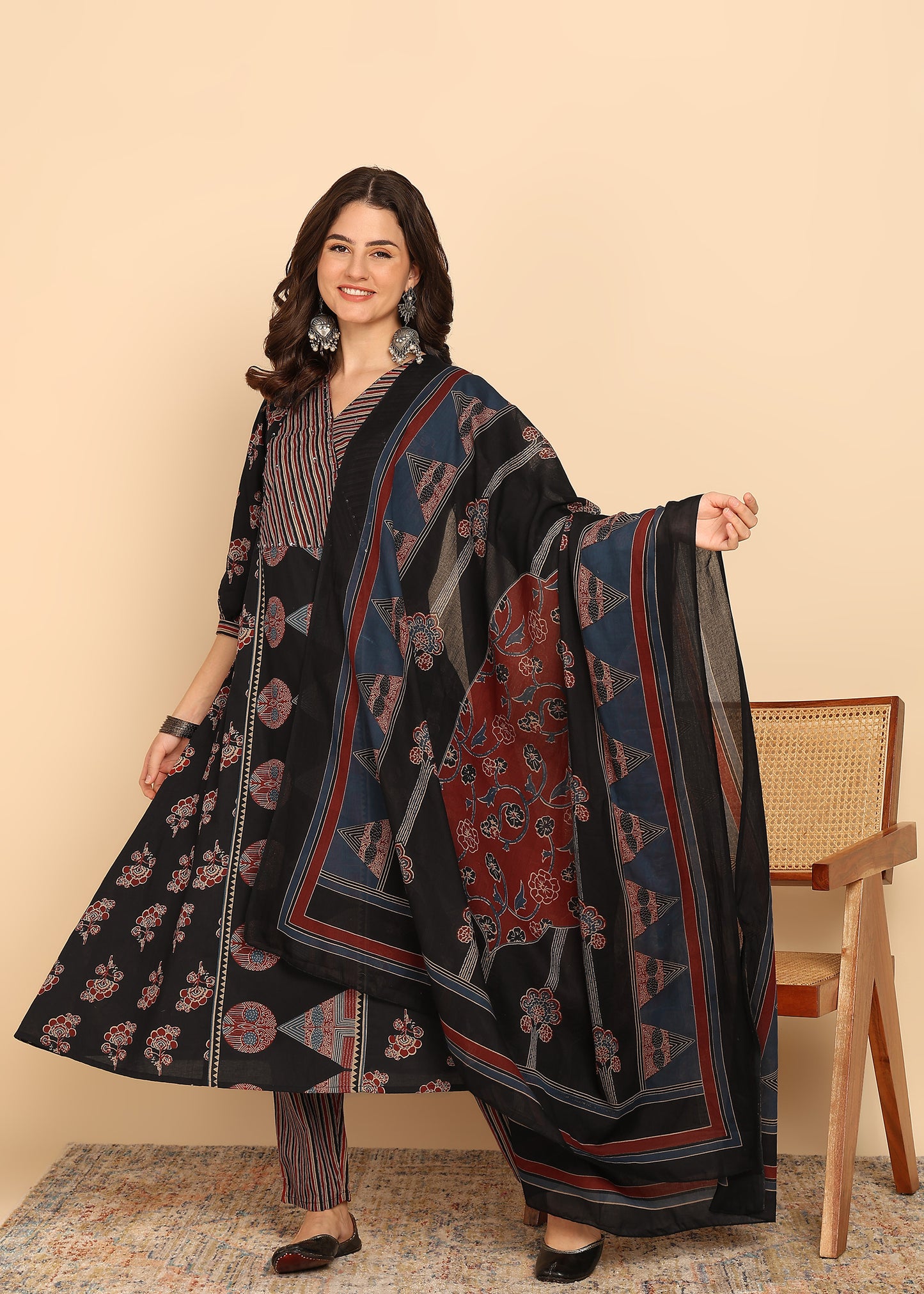 Black Floral Printed A-Line Cotton Stitched Kurta, Pant With Dupatta