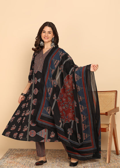 Black Floral Printed A-Line Cotton Stitched Kurta, Pant With Dupatta