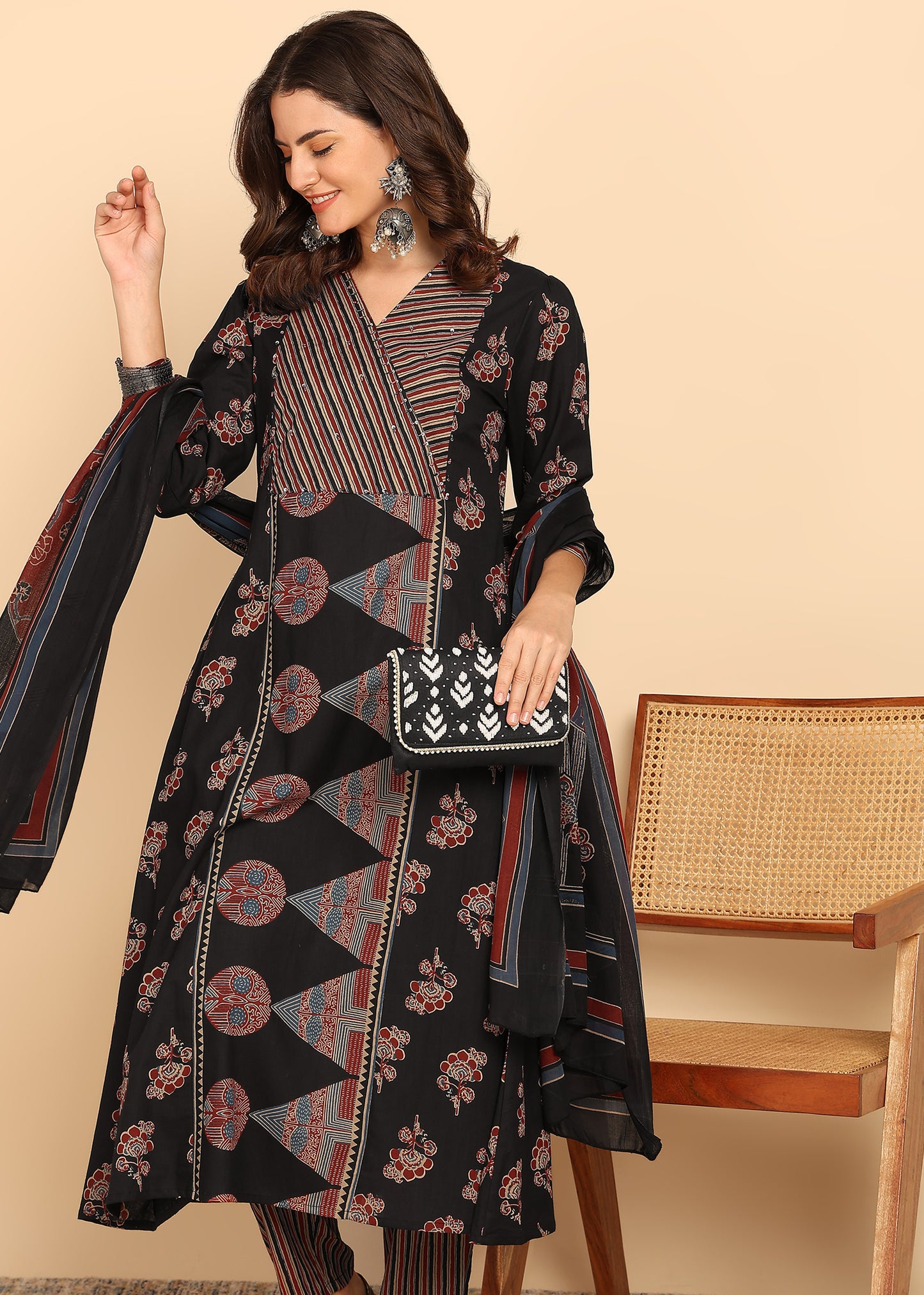 Black Floral Printed A-Line Cotton Stitched Kurta, Pant With Dupatta