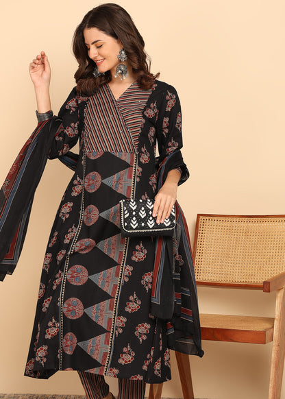 Black Floral Printed A-Line Cotton Stitched Kurta, Pant With Dupatta