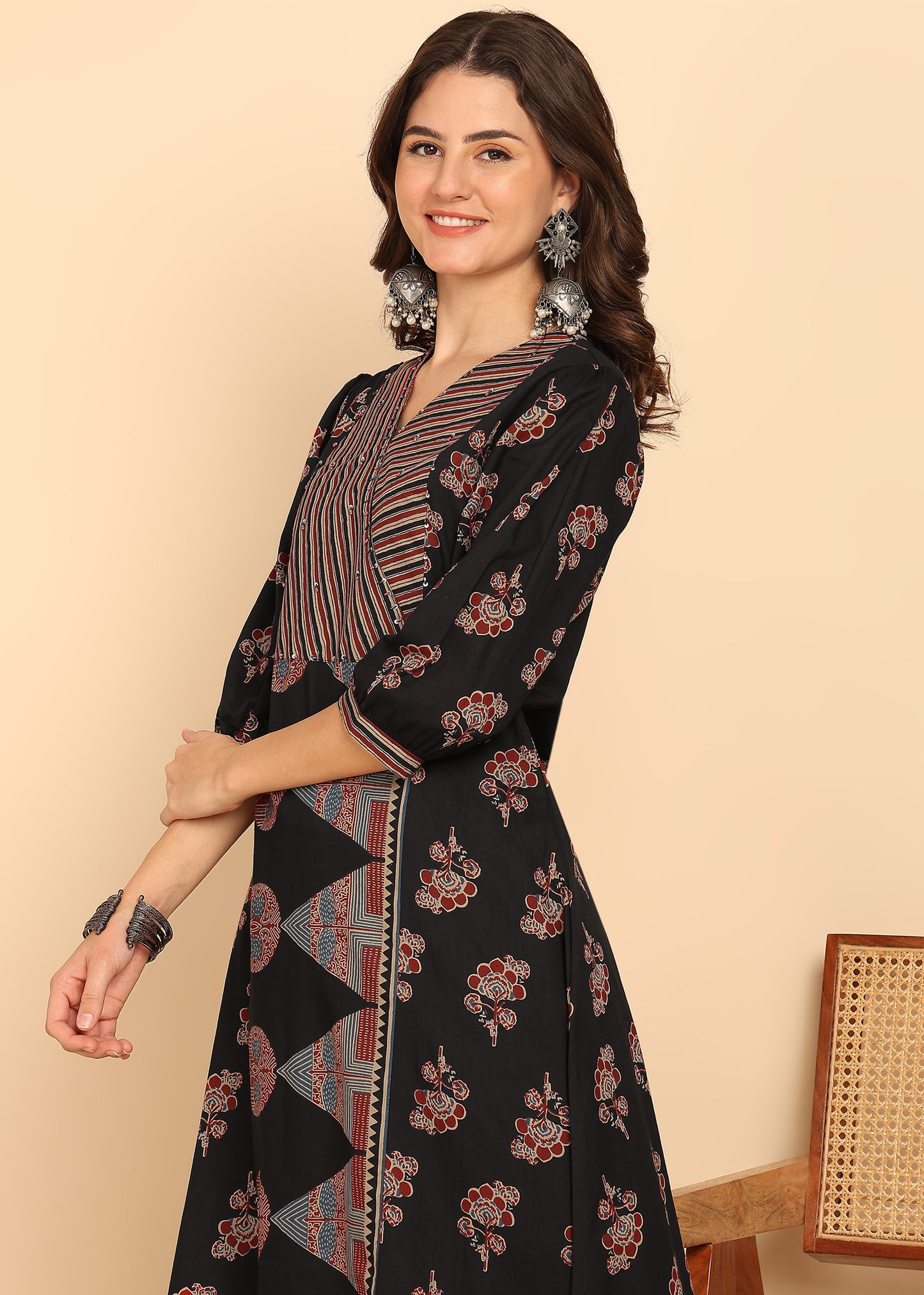 Black Floral Printed A-Line Cotton Stitched Kurta, Pant With Dupatta