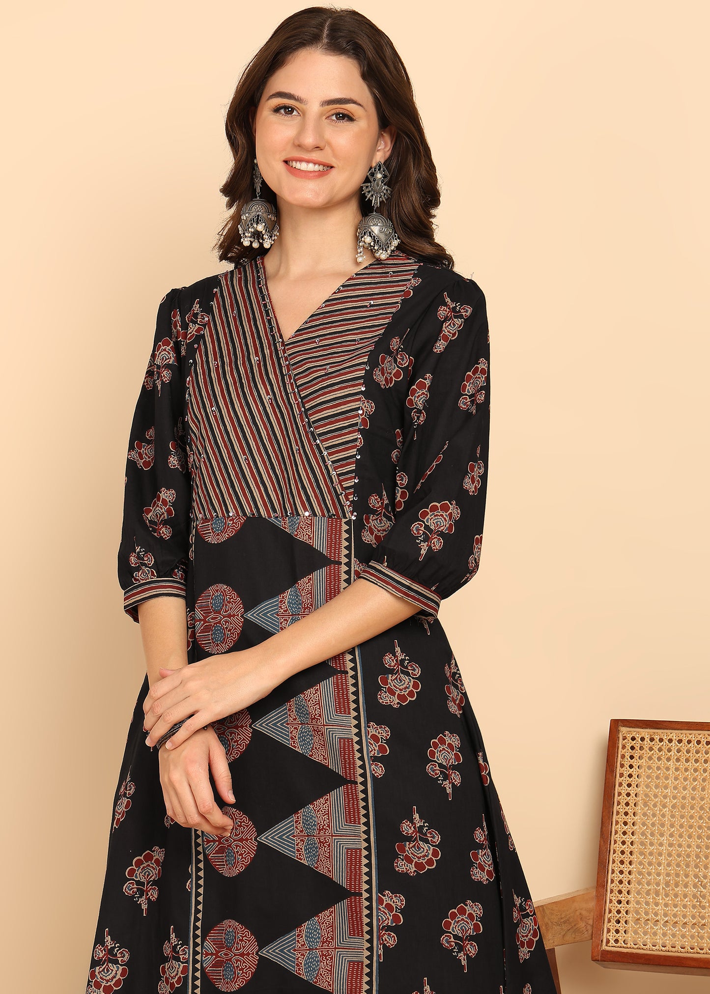 Black Floral Printed A-Line Cotton Stitched Kurta, Pant With Dupatta