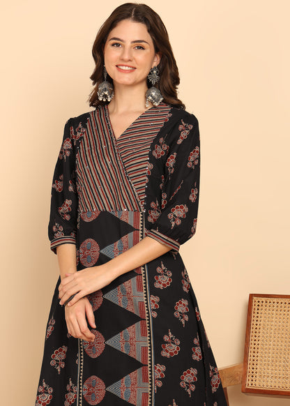 Black Floral Printed A-Line Cotton Stitched Kurta, Pant With Dupatta