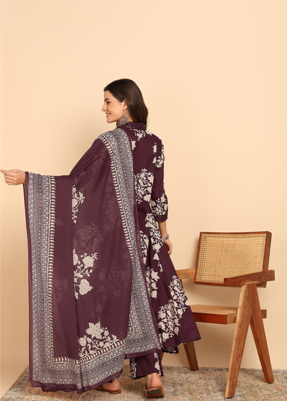 Wine Floral Printed Anarakali Cotton Stitched Kurta, Palazzo With Dupatta