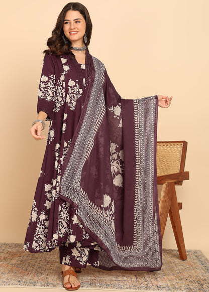 Wine Floral Printed Anarakali Cotton Stitched Kurta, Palazzo With Dupatta