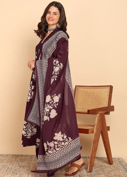 Wine Floral Printed Anarakali Cotton Stitched Kurta, Palazzo With Dupatta