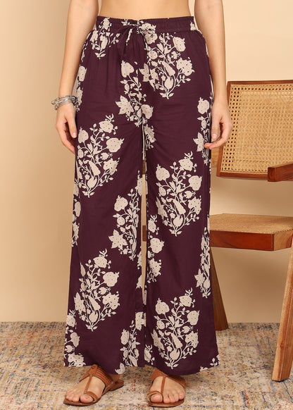Wine Floral Printed Anarakali Cotton Stitched Kurta, Palazzo With Dupatta