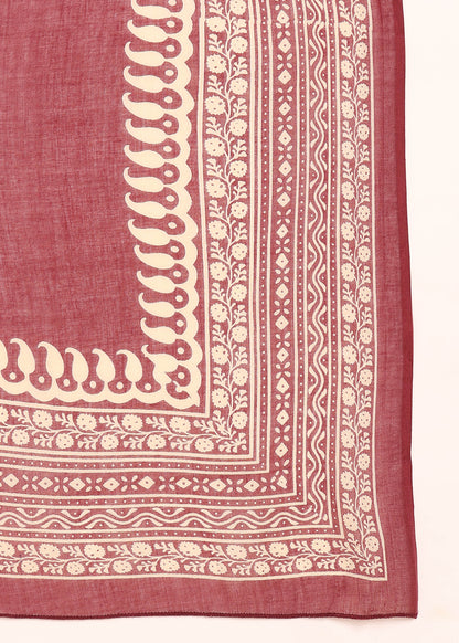 Wine Floral Printed Anarakali Cotton Stitched Kurta, Palazzo With Dupatta