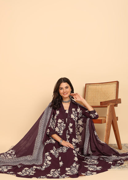 Wine Floral Printed Anarakali Cotton Stitched Kurta, Palazzo With Dupatta