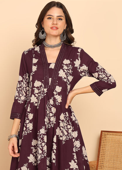 Wine Floral Printed Anarakali Cotton Stitched Kurta, Palazzo With Dupatta