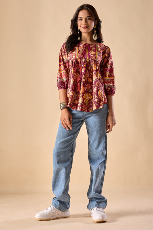 Red Floral Printed A-Line Cotton Stitched Top